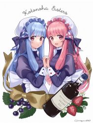 Rule 34 | 2girls, alternate costume, apron, artist name, berry, binchou maguro, black bow, black dress, blue hair, blunt bangs, bottle, bow, cropped torso, cursive, dress, english text, enmaided, food, from side, fruit, hair bow, hat, highres, holding hands, interlocked fingers, juliet sleeves, kotonoha akane, kotonoha aoi, long hair, long sleeves, looking at viewer, looking to the side, maid, maid apron, mob cap, multiple girls, open mouth, palms together, pink eyes, pink hair, puffy sleeves, ribbon, siblings, sidelocks, sisters, smile, strawberry, voiceroid, waist bow, white bow, wine bottle