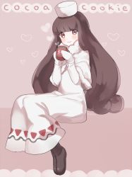 Rule 34 | 1girl, bad id, bad twitter id, blush, bow, brown eyes, brown hair, capelet, character name, cocoa cookie, cookie run, cup, dress, gloves, hat, long dress, marin (myuy 3), mug, sitting, smile, snowflake print, solo, white dress, white gloves