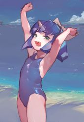 Rule 34 | 1girl, armpits, arms up, bare arms, beach, blue sky, blue one-piece swimsuit, bow, breasts, cloud, covered navel, cowboy shot, day, eiko carol, fang, final fantasy, final fantasy ix, green eyes, hair bow, highres, horns, jikan hakushaku, legs together, looking at viewer, ocean, one-piece swimsuit, open mouth, purple hair, short hair, sideboob, single horn, sky, small breasts, solo, stretching, swimsuit, teeth, water, white bow