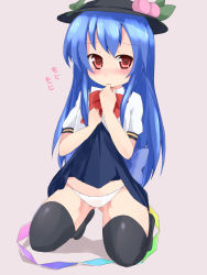 Rule 34 | 1girl, arms up, black thighhighs, blue hair, blush, bow, clothes lift, female focus, finger in own mouth, food, fruit, grey background, guratan (guratan18), hat, hinanawi tenshi, kneeling, long hair, panties, peach, red eyes, shirt, simple background, sitting, skirt, skirt lift, solo, thighhighs, touhou, underwear, upskirt, white panties