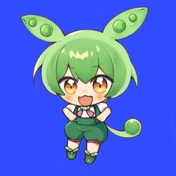 Rule 34 | 1girl, :3, :d, blue background, blush, chibi, full body, green hair, green shorts, hair between eyes, long hair, looking at viewer, open mouth, pea pod, puffy short sleeves, puffy sleeves, shirt, short sleeves, shorts, simple background, smile, solo, suspender shorts, suspenders, utsuro114514, voiceroid, voicevox, white shirt, zundamon