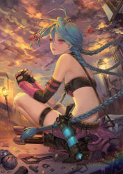 Rule 34 | 1girl, absurdres, ammunition, arm strap, arm tattoo, back tattoo, bandaid, bandaid on knee, bandaid on leg, bandolier, black footwear, blue hair, boots, braid, bullet, cloud, cloudy sky, commentary, crop top, destruction, elbow gloves, english commentary, fingerless gloves, fishbones (jinx), flat chest, floating hair, flying teardrops, from side, full body, gatling gun, gloves, graffiti, grey sky, gun, hayanpool, highres, holstered, jinx (league of legends), lamppost, league of legends, long hair, looking afar, minigun, missile, nail polish, nut (hardware), own hands together, parted lips, pink eyes, pink nails, purple shorts, revision, rocket, rocket launcher, screw, short shorts, shorts, sky, solo, squatting, tattoo, tears, thigh strap, twin braids, very long hair, weapon