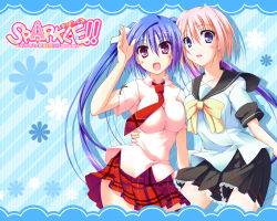 Rule 34 | 2girls, aqua eyes, blue eyes, blue hair, blush, breast press, breasts, collarbone, flower, hair ornament, impossible clothes, impossible shirt, large breasts, long hair, multicolored hair, multiple girls, necktie, open mouth, pink eyes, pink hair, plaid, plaid skirt, pleated skirt, purple eyes, purple hair, red necktie, ribbon, school uniform, serafuku, shirt, short hair, skirt, smile, sparkle!!, standing, symmetrical docking, t-ray, twintails, two-tone hair, very long hair, waving