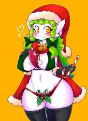 Rule 34 | 1girl, areola slip, basketgardevoir, bell, black gloves, blush, bow, bra, braid, breasts, candy, candy cane, capelet, christmas, covered erect nipples, creatures (company), female focus, food, fur trim, game freak, gardevoir, gen 3 pokemon, gloves, green bow, green bra, green hair, hair bow, hair ornament, hand on own chest, hands up, hat, heart, highres, large breasts, long hair, looking to the side, navel, nintendo, orange eyes, panties, pokemon, pokemon (creature), pokemon rse, red hat, red panties, santa hat, simple background, smile, solo, standing, thick thighs, thighs, twin braids, underwear, underwear only, wide hips, yellow background