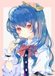 Rule 34 | 1girl, absurdres, blue hair, blush, bow, bowtie, buttons, center frills, closed mouth, food-themed hair ornament, frills, fruit hair ornament, hair between eyes, hair ornament, highres, hinanawi tenshi, long hair, nikorashi-ka, peach hair ornament, ponytail, red bow, red bowtie, red eyes, shirt, short sleeves, solo, touhou, upper body, white shirt, wrist cuffs