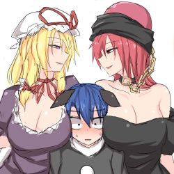 Rule 34 | 3girls, animal ears, between breasts, black shirt, blonde hair, blue eyes, blue hair, blush, breast smother, breasts, breasts on shoulders, chain, cleavage, collar, constricted pupils, doremy sweet, dress, eyebrows, face to breasts, gap (touhou), girl sandwich, hat, hat ribbon, head between breasts, head scarf, hecatia lapislazuli, kuroba rapid, large breasts, looking at another, mob cap, mole, mole on breast, multiple girls, naughty face, no headwear, off-shoulder shirt, off shoulder, parted lips, pom pom (clothes), purple dress, purple eyes, red eyes, red hair, ribbon, sandwiched, shirt, short hair, simple background, smile, sweat, t-shirt, tapir ears, touhou, white background, yakumo yukari