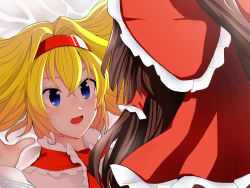Rule 34 | 2girls, alice margatroid, blonde hair, blue eyes, blush, bow, brown hair, commentary request, hair between eyes, hair bow, hair tubes, hairband, hakurei reimu, highres, looking at another, medium hair, multiple girls, open mouth, red bow, red hairband, sei (kaien kien), sweat, touhou, yuri