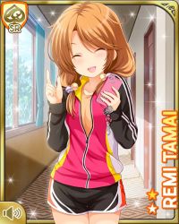 Rule 34 | 1girl, :d, bare legs, black jacket, black shorts, brown eyes, brown hair, card (medium), day, closed eyes, girlfriend (kari), indoors, jacket, looking at viewer, low twintails, morning, official art, open mouth, orange shirt, qp:flapper, shirt, shorts, smile, solo, standing, tagme, tamai remi, tank top, twintails, workout clothes