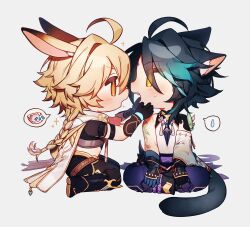 Rule 34 | 2boys, aether (genshin impact), ahoge, animal ear fluff, animal ears, arm tattoo, bead necklace, beads, black gloves, black hair, blonde hair, blue gloves, blue hair, blush, braid, cat boy, cat ears, cat tail, chibi, coojisan, facial mark, fangs, forehead mark, from side, genshin impact, gloves, gradient hair, grey background, highres, jewelry, long hair, male focus, multicolored hair, multiple boys, necklace, open mouth, orange eyes, pants, profile, rabbit boy, rabbit ears, short sleeves, simple background, single braid, sitting, sweat, tail, tattoo, xiao (genshin impact), yaoi