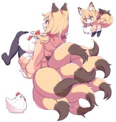 1girl animal_ear_fluff animal_ear_hood animal_ears arm_support bird black_pantyhose blonde_hair bow chibi chicken double-parted_bangs fake_animal_ears fox_ears fox_girl fox_tail from_behind hair_bow hood hoodie low_twintails multiple_tails open_mouth original pantyhose red_bow red_eyes simple_background sitting smile suzuno_(suzuno3110) tail twintails white_background yellow_hoodie