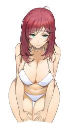 Rule 34 | 1girl, bare shoulders, bikini, breasts, choker, cleavage, curvy, dokshuri, green eyes, hands on own thighs, highres, large breasts, leaning forward, long hair, navel, o-ring, original, red hair, solo, swimsuit, thighhighs, white background, white bikini, white choker, wide hips