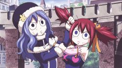 Rule 34 | &gt; &lt;, 2girls, angry, animated, animated gif, blue hair, breasts, coat, closed eyes, fairy tail, fighting, gloves, hat, juvia lockser, long hair, lowres, multiple girls, red hair, sheria blendy, skirt, twintails
