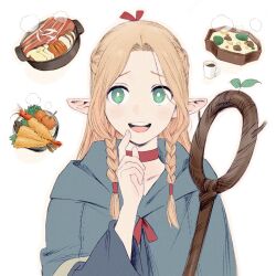 Rule 34 | 1girl, blonde hair, blue capelet, blush, braid, capelet, choker, cup, dress, dungeon meshi, elf, food, frs2, green eyes, highres, holding, long hair, long sleeves, marcille donato, open mouth, pointy ears, robe, simple background, smile, solo, staff