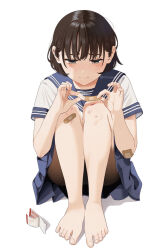 Rule 34 | 1girl, bandaid, bandaid on knee, bandaid on leg, barefoot, blood, blue skirt, blush, brown eyes, brown hair, bruise, closed mouth, commentary request, crying, crying with eyes open, cuts, feet, full body, hands up, holding, injury, knees up, legs together, mattaku mousuke, medium hair, miniskirt, on ground, original, pleated skirt, school uniform, serafuku, shadow, short sleeves, simple background, sitting, skirt, smile, solo, tears, toenails, toes, twitter username, white background