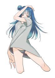 1girl alternate_costume black_panties blue_hair closed_eyes clothes_writing commentary_request cropped_legs grey_shirt hair_bun hand_on_own_head highres long_hair love_live! love_live!_sunshine!! oversized_clothes oversized_shirt panties rinren_(chun8chun8chun) shirt short_sleeves simple_background single_side_bun solo standing string_panties t-shirt tsushima_yoshiko u_u underwear v-neck white_background