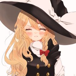 Rule 34 | 1girl, black hat, black vest, blonde hair, blush, bow, braid, closed eyes, closed mouth, commentary request, facing viewer, flying sweatdrops, frown, hair bow, hat, hat bow, highres, kirisame marisa, long hair, red bow, shirt, simple background, single braid, solo, touhou, uchisaki himari, vest, white background, white bow, white shirt, witch hat