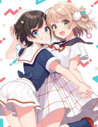 Rule 34 | 2girls, alternate costume, black hair, blue eyes, blue shirt, blush, braid, breasts, cowboy shot, from behind, green eyes, hair ornament, highres, holding hands, hololive, indie virtual youtuber, interlocked fingers, light brown hair, looking at viewer, medium breasts, multiple girls, nail polish, oozora subaru, open mouth, pink nails, pom pom (clothes), pom pom hair ornament, sailor collar, shigure ui, shigure ui (channel), shigure ui (vtuber), shirt, short hair, short sleeves, skirt, smile, standing, standing on one leg, star (symbol), star hair ornament, symbol-only commentary, virtual youtuber, white shirt, white skirt