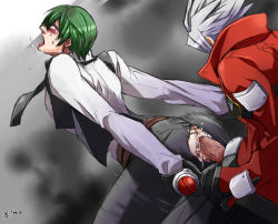 Rule 34 | 2boys, anal, arc system works, blazblue, clothed sex, cum, fucked silly, green hair, hazama, holding another&#039;s wrist, male focus, male penetrated, multiple boys, necktie, penis, ragna the bloodedge, saliva, sex, torn clothes, uncensored, white hair, yaoi