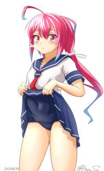 Rule 34 | 1girl, ahoge, blue one-piece swimsuit, blush, clothes lift, dated, hair ornament, hair ribbon, i-168 (kancolle), kantai collection, lifting own clothes, long hair, old school swimsuit, one-piece swimsuit, ponytail, ray.s, red eyes, red hair, ribbon, school swimsuit, school uniform, serafuku, simple background, skirt, skirt lift, solo, swimsuit, swimsuit under clothes, twitter username, white background
