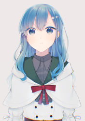 Rule 34 | 1girl, :t, belt, blue eyes, blue hair, bow, bowtie, capelet, closed mouth, collared shirt, dress, furrowed brow, grey shirt, hair ornament, hood, hood down, hooded capelet, long hair, long sleeves, looking at viewer, mahou sekai no uketsukejou ni naritai desu, nakawa, nanalie persephone hel, pout, red bow, red bowtie, ribbon-trimmed sleeves, ribbon trim, shirt, simple background, solo, straight-on, upper body, white capelet, white dress