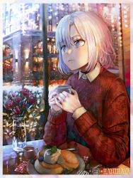 Rule 34 | 1girl, absurdres, artist name, border, collared shirt, commentary, cup, english commentary, flower, food, fork, grey eyes, hair between eyes, hands up, hani haya, highres, holding, holding cup, indoors, long sleeves, looking up, mole, mole under mouth, mug, original, parted lips, plate, red flower, red sweater, shirt, short hair, snow, snowflakes, solo, sweater, table, teeth, white border, white hair