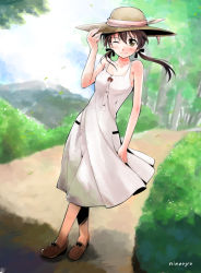 Rule 34 | 1girl, artist name, bad id, bad pixiv id, bare shoulders, blush, brown eyes, brown hair, crossed legs, dress, dutch angle, gertrud barkhorn, grass, hand on headwear, hat, hat ribbon, hat tip, crossed legs, looking at viewer, niina ryou, no socks, one eye closed, ribbon, road, shoes, short hair, signature, smile, solo, standing, strike witches, sun hat, sundress, twintails, walking, watson cross, wind, wink, world witches series
