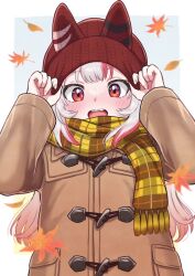 Rule 34 | 1girl, @-you (you 2023 8 16), adjusting clothes, adjusting headwear, alternate costume, autumn, autumn leaves, beanie, blush, border, brown coat, coat, duffel coat, fake horns, gradient hair, grey background, hat, highres, hololive, horned headwear, horns, long hair, long sleeves, looking at viewer, multicolored hair, nakiri ayame, oni, open mouth, plaid, plaid scarf, red eyes, red hair, red hat, scarf, skin-covered horns, smile, solo, streaked hair, teeth, upper body, upper teeth only, virtual youtuber, white border, white hair, yellow scarf