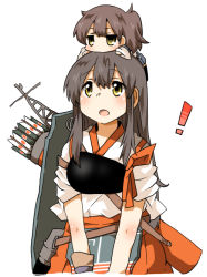 Rule 34 | !, 10s, 2girls, akagi (kancolle), bad id, bad twitter id, blush, brown hair, chibi, chibi on head, hair between eyes, heart, jitome, kaga (kancolle), kantai collection, long hair, mini person, minigirl, multiple girls, on head, open mouth, person on head, rebecca (keinelove), short hair, side ponytail, simple background, smile, white background, yellow eyes