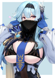 Rule 34 | 1girl, :q, absurdres, black bra, black hairband, blue gloves, blue hair, blue necktie, bra, breasts, brown eyes, commentary, eula (genshin impact), genshin impact, gloves, hair between eyes, hair ornament, hairband, hands up, heart, highres, kanta (kanta 077), large breasts, long hair, long sleeves, looking at viewer, mouth veil, necktie, shirt, smile, solo, tongue, tongue out, underwear, upper body, veil, white shirt