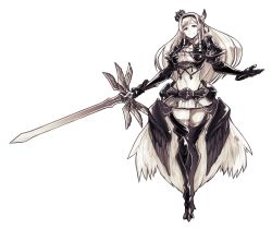 Rule 34 | 1girl, armor, braid, breasts, crown, gauntlets, greaves, hair ornament, holding, holding sword, holding weapon, large breasts, long hair, navel, pauldrons, princess battle royale, shoulder armor, simple background, skirt, smile, standing, sword, thighhighs, tsuyoshi takaki, weapon, white background, zettai ryouiki
