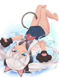 Rule 34 | 1girl, animal ears, animal hands, bare legs, barefoot, black bow, black gloves, black one-piece swimsuit, blue eyes, bow, cat ears, cat tail, closed mouth, collarbone, commentary request, covered navel, fake animal ears, gloves, grey hair, hair between eyes, hair bow, long hair, lying, neckerchief, old school swimsuit, on back, one-piece swimsuit, partially submerged, paw gloves, red neckerchief, school swimsuit, see-through, shallow water, shirt, short sleeves, sidelocks, solo, soulworker, stella unibell, swimsuit, swimsuit under clothes, tail, twintails, usagimiko, very long hair, water, wet, wet clothes, wet shirt, white shirt