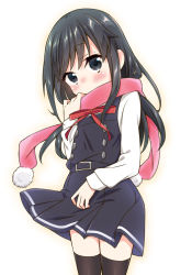 Rule 34 | 1girl, asashio (kancolle), bad proportions, belt, belt buckle, black dress, black hair, black thighhighs, blue eyes, blush, buckle, buttons, commentary request, cowboy shot, dress, k hiro, kantai collection, long hair, long sleeves, pinafore dress, poorly drawn, red ribbon, ribbon, shirt, sleeveless, sleeveless dress, solo, thighhighs, white shirt