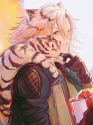 Rule 34 | 1girl, animal, animal ear fluff, animal ears, animal on shoulder, arknights, black gloves, black hair, black jacket, c00oh, from side, gift, gloves, highres, holding, holding gift, indra (arknights), jacket, looking at viewer, multicolored hair, parted lips, scar, scar on face, scar on nose, sideways glance, smile, solo, tiger, tiger ears, tiger girl, two-tone hair, upper body, white hair, white tiger, yellow eyes