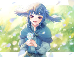 Rule 34 | 1girl, :d, bird wings, blue capelet, blue dress, blue eyes, blue flower, blue gemstone, blue hair, blurry, brooch, capelet, day, depth of field, dress, falling petals, feathered wings, final fantasy, final fantasy xiv, flower, gem, grass, happy, head wings, high collar, holding, holding flower, jewelry, letterboxed, long sleeves, looking at viewer, meteion, open mouth, outdoors, outside border, own hands together, petals, short hair, signature, smile, solo, suyamii, upper body, wings