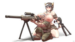 Rule 34 | blush, breasts, breasts on shoulders, cow girl, helmet, huge breasts, monster girl, muscular, muscular male, noart 0, old, old man, smoke, sniper, support, topless, white background