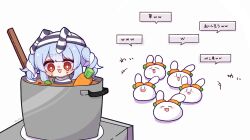 Rule 34 | +++, 0725akaba, 1girl, :d, animal ears, blue hair, blush, braid, carrot, closed eyes, commentary request, cooking pot, crying, crying with eyes open, fake animal ears, highres, hololive, in pot, mini person, minigirl, multicolored hair, open mouth, partially submerged, pekomon (usada pekora), rabbit ears, red eyes, shirt, simple background, smile, stew, striped clothes, striped headwear, striped shirt, tears, translation request, twin braids, twintails, two-tone hair, usada pekora, usada pekora (prisoner), virtual youtuber, white background, white hair, | |