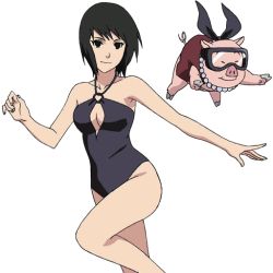 Rule 34 | 1girl, bare legs, bare shoulders, bikini, black eyes, black hair, breasts, cleavage, leg up, legs, looking at viewer, naruto (series), naruto shippuuden, official art, one-piece swimsuit, pig, shizune (naruto), smile, swimsuit, tonton (naruto)