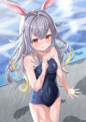 Rule 34 | 1girl, absurdres, animal ears, blue one-piece swimsuit, breasts, brown eyes, commentary request, competition school swimsuit, covered navel, cowboy shot, esuorder, grey hair, highres, indie virtual youtuber, looking at viewer, medium breasts, mochizuki himari, one-piece swimsuit, pool, poolside, puddle, rabbit ears, rabbit girl, rain, school swimsuit, solo, standing, swimsuit, virtual youtuber, wet, wet clothes, wet swimsuit