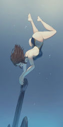 Rule 34 | 1girl, absurdres, air bubble, anchor, ass, bare back, bare shoulders, blue background, blue eyes, breasts, brown hair, bubble, commentary, competition swimsuit, english commentary, floating hair, freediving, gradient background, half-closed eyes, halterneck, highres, large breasts, medium hair, one-piece swimsuit, original, rou (rou22), sinking, solo, swimming, swimsuit, underwater, water
