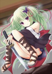 Rule 34 | 1girl, armpit crease, bare shoulders, black footwear, black kimono, blunt bangs, blush, butterfly hair ornament, closed mouth, commentary request, convenient leg, floating hair, full body, green hair, hair ornament, hair ribbon, holding, holding sword, holding weapon, japanese clothes, katana, kimono, knees together feet apart, long hair, long ribbon, long sleeves, looking at viewer, midair, murasame (senren), no socks, pom pom (clothes), red eyes, red ribbon, ribbon, sandals, senren banka, smile, solo, sword, takanashi kou, toes, two side up, very long hair, weapon, wide sleeves
