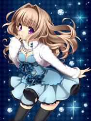Rule 34 | 1girl, absurdres, black thighhighs, blue theme, bow, breasts, brown hair, cleavage, coat, cross, diamond (gemstone), dress, fur trim, gem, hair intakes, hand on own face, heart, heart-shaped pupils, highres, image sample, jacket, jewelry, long hair, masaru.jp, medium breasts, necklace, pearl (gemstone), plaid, purple eyes, ribbon, solo, source request, sparkle, symbol-shaped pupils, thighhighs