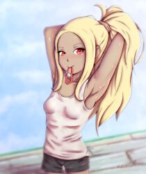 armpits blonde_hair dark-skinned_female dark_skin gravity_daze gravity_daze_2 kitten_(gravity_daze) long_hair looking_at_viewer red_eyes see-through_clothes shirt shorts sleeveless sleeveless_shirt tying_hair vadamecox