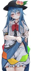Rule 34 | 1girl, absurdres, black bra, black headwear, bloomers, blue hair, blush, bra, bra visible through clothes, closed mouth, food, fruit, highres, hinanawi tenshi, looking at viewer, peach, red eyes, see-through, shirt, short sleeves, simple background, skirt, solo, touhou, tsune (tune), underwear, wet, wet clothes, wet shirt, wet skirt, white background, white bloomers
