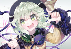 Rule 34 | 1girl, :d, black hat, blush, commentary request, frilled shirt collar, frilled sleeves, frills, green eyes, green hair, grey background, hands up, hat, hat ribbon, koishi day, komeiji koishi, long sleeves, looking at viewer, open mouth, ribbon, shirt, short hair, smile, solo, syuri22, third eye, touhou, upper body, yellow shirt