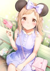 Rule 34 | 1girl, animal ears, bag, bare arms, bare shoulders, blush, bow, breasts, brown eyes, closed mouth, commentary request, dress, food, from above, hair bow, hand on lap, highres, holding, holding food, idolmaster, idolmaster shiny colors, kinako (shiratama mochi), light brown hair, long hair, looking at viewer, looking up, medium breasts, mickey mouse ears, mouse ears, on bench, polka dot, polka dot bow, popsicle, purple bow, purple dress, sakuragi mano, shoulder bag, signature, sitting, sleeveless, sleeveless dress, smile, solo, twitter username