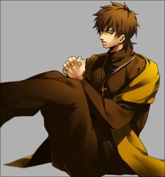 Rule 34 | 1boy, bad id, bad pixiv id, brown hair, brown theme, cross, cross necklace, fate (series), jewelry, kotomine kirei, male focus, necklace, scarf, solo, yellow eyes, yellow scarf, yellow theme, zihad