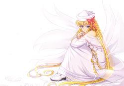 Rule 34 | 1girl, bare shoulders, blonde hair, blue eyes, bow, commentary, dress, english commentary, fairy wings, full body, hat, hat bow, hater (hatater), highres, knees up, lily white, long hair, long sleeves, off shoulder, petals, red bow, simple background, sitting, solo, touhou, very long hair, white background, white dress, white hat, wide sleeves, wings