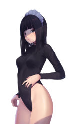 Rule 34 | 1girl, absurdres, black choker, black hair, black leotard, blunt bangs, breasts, brown eyes, choker, closed mouth, commentary, cowboy shot, english commentary, from side, hand on own stomach, highleg, highleg leotard, highres, leotard, long hair, long sleeves, looking at viewer, looking to the side, maid, maid headdress, original, photo-referenced, rou (rou22), shaded face, simple background, small breasts, solo, standing, thighs, turtleneck, white background