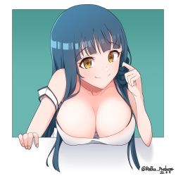 Rule 34 | 1girl, absurdres, blunt bangs, blunt ends, breasts, breasts apart, collarbone, gradient background, green hair, hand in own hair, highres, idolmaster, idolmaster million live!, kitakami reika, large breasts, looking at viewer, nillis, nillis, outside border, reika p, simple background, smile, solo, tank top, upper body, white tank top