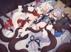 Rule 34 | 2girls, animal ear fluff, animal ears, bar censor, black sleeves, blue dress, breasts, censored, closed eyes, commentary, cum, cum in pussy, cum overflow, detached sleeves, dress, english commentary, facial, fox ears, fox girl, grey hair, handjob, highres, large breasts, long hair, lying, multiple girls, nipples, no shoes, on back, on bed, open mouth, original, panties, pillow, pussy, red dress, sleep molestation, spread legs, tentacle sex, tentacles, thighhighs, trimbil, underwear, vaginal, variant set, white panties, white sleeves, white thighhighs